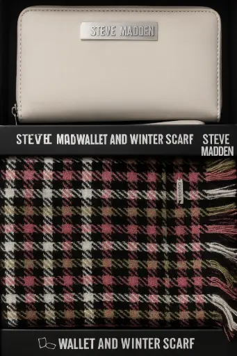 [SMG1200] Steve Madden light beige wallet and a plaid winter scarf in black, pink, and olive tones