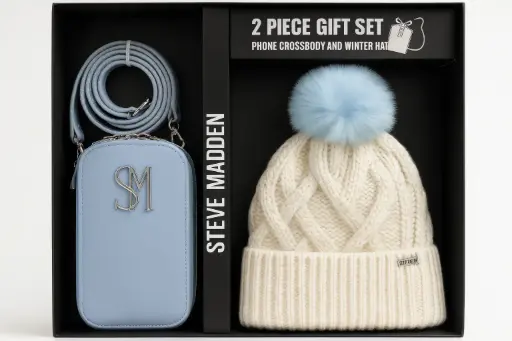 [2800] Steve Madden light blue phone crossbody bag and a cream winter hat with a soft blue pom-pom.