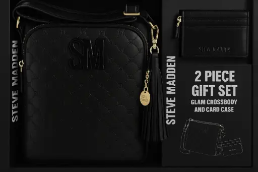 [4400] Steve Madden Black crossbody bag with embossed SM logo and matching sleek card case