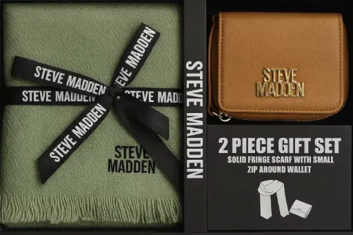 [1800] Steve Madden Green fringed scarf paired with a tan zip-around wallet featuring a gold-tone logo.