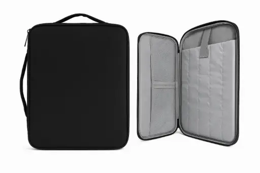 Black padded laptop sleeve with organized grey interior