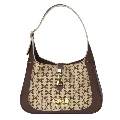 CAVALLI CLASS Elegant brown shoulder bag with a patterned canvas design