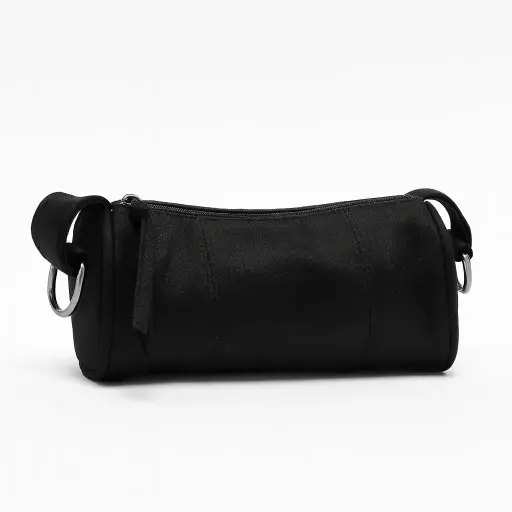 HUGO BOSS small cylindrical black handbag with top zipper and sleek metallic rings