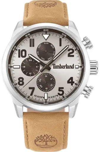 [TDWGF0009503] TIMBERLAND Men’s Chronograph Watch with silver dial and embossed brown leather strap TDWGF0009503