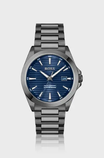 [HB1514175] Hugo Boss Grey-Plated Blue Ridged Dial Watch-HB1514175