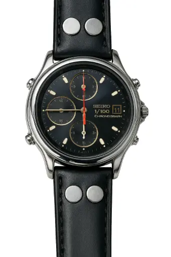 SEIKO men’s chronograph watch with a black dial and sporty leather strap