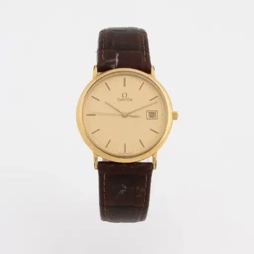 OMEGA featuring a gold-tone case, gold dial, and brown leather strap