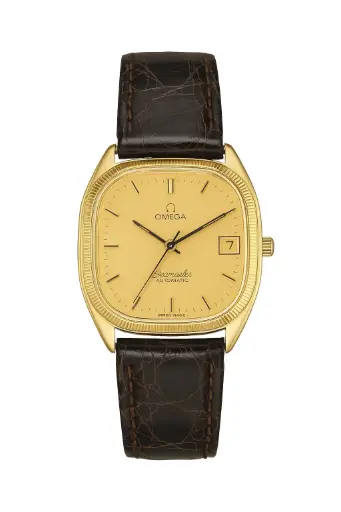 OMEGA a gold-tone case, gold dial, and brown leather strap