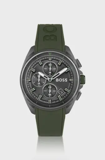 [HB1513952] HUGO BOSS Grey-plated chronograph watch olive silicone strap